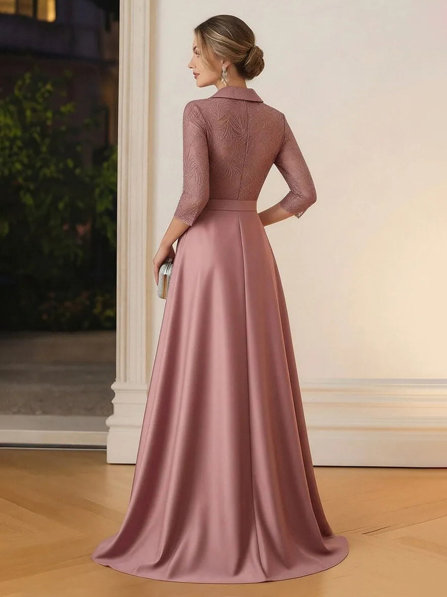 Satin Lace Appliques V Neck Long Sleeves Evening Dresses
