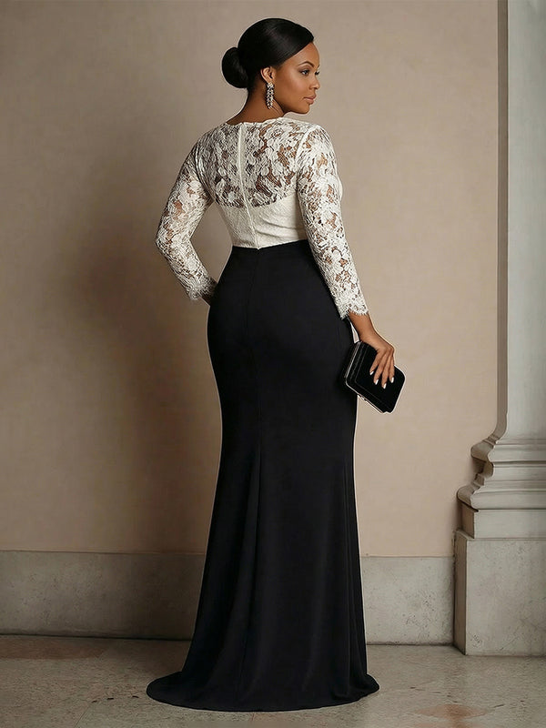 Scoop Neck Long Sleeves Satin Lace Appliques Evening Dresses