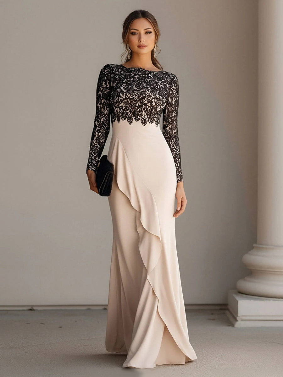 Scoop Neck Long Sleeves Chiffon Lace Appliques Evening Dresses