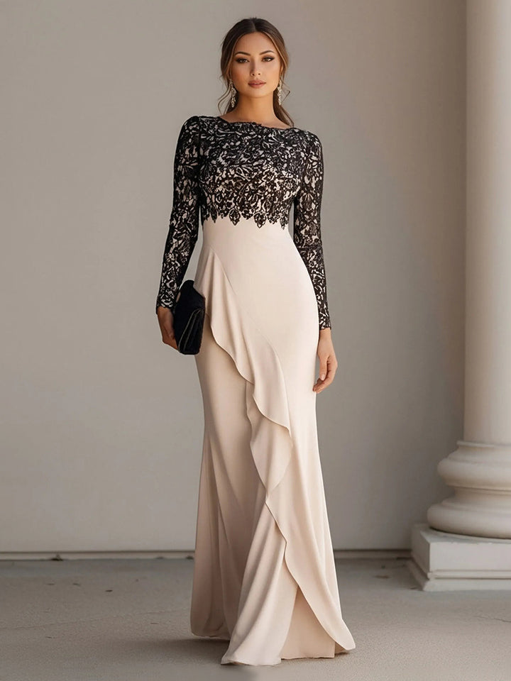 Scoop Neck Long Sleeves Chiffon Lace Appliques Formal Dresses