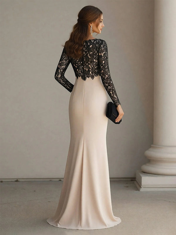 Scoop Neck Long Sleeves Chiffon Lace Appliques Evening Dresses