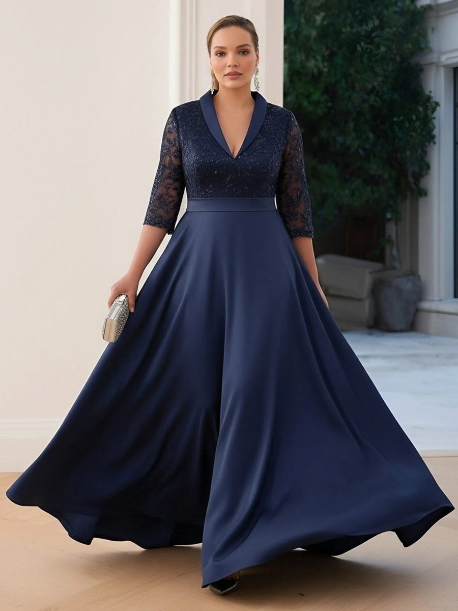 Satin Long Sleeves Lace Appliques V Neck Evening Dresses