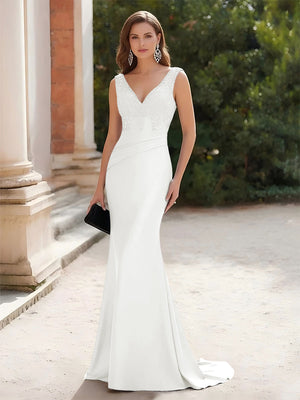 V Neck Lace Appliques Ruched Formal Dresses