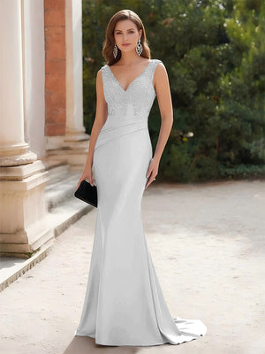 V Neck Lace Appliques Ruched Formal Dresses