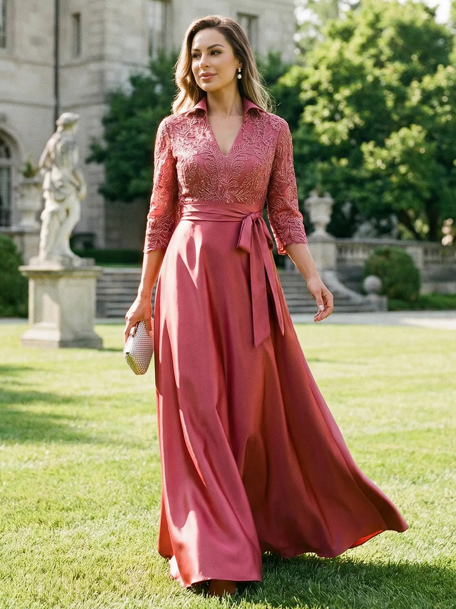 Satin Long Sleeves Lace Appliques V Neck Evening Dresses