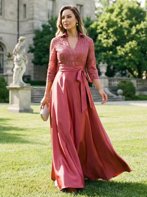 Satin Long Sleeves Lace Appliques V Neck Evening Dresses