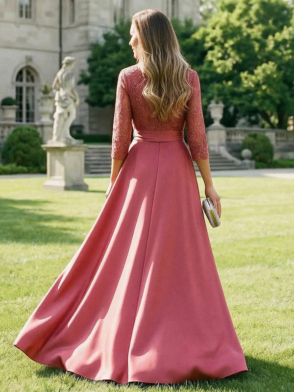 Satin Long Sleeves Lace Appliques V Neck Evening Dresses