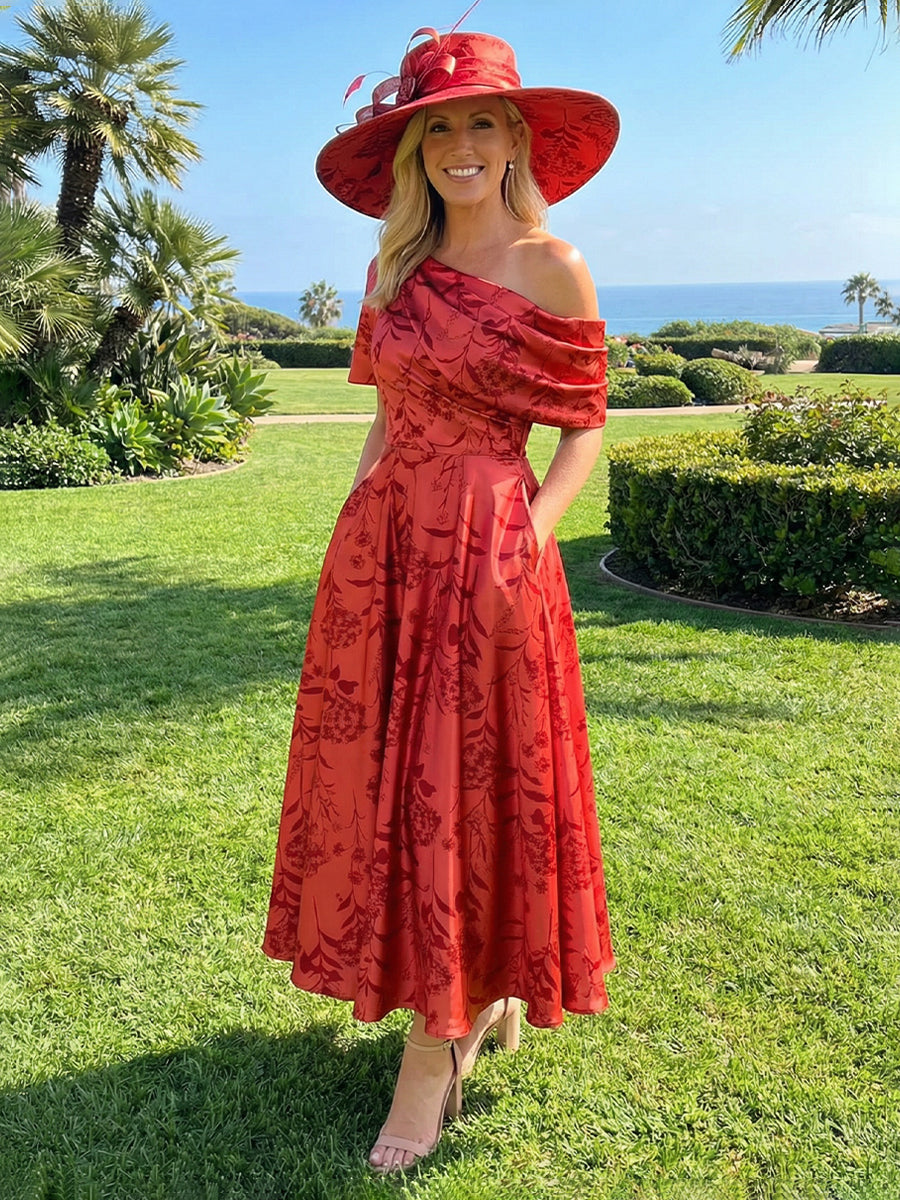 Floral One Shoulder Corset Pleated Evening Dresses