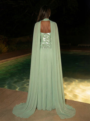 A Line Strapless Sequined Scarf Evening Dresses with Pleats