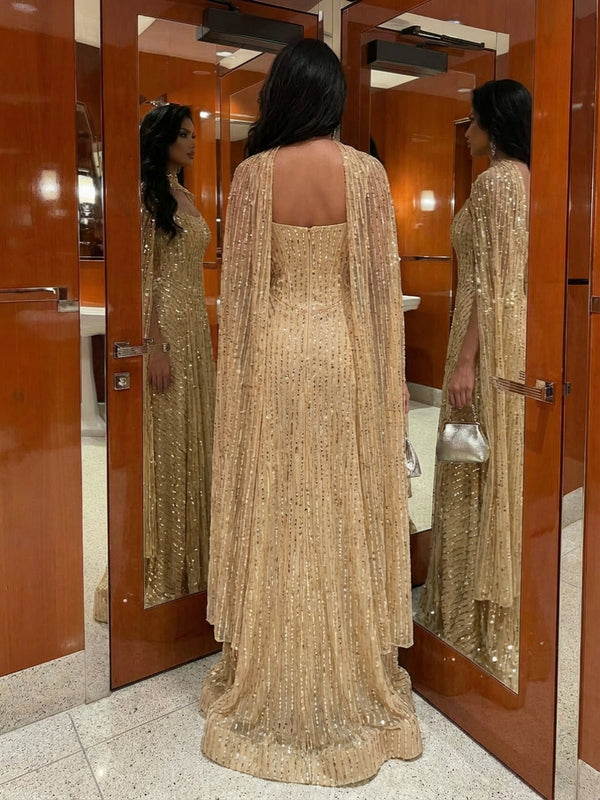 Spaghetti Straps Elegant Sequined Maxi Evening Dresses with Scarf