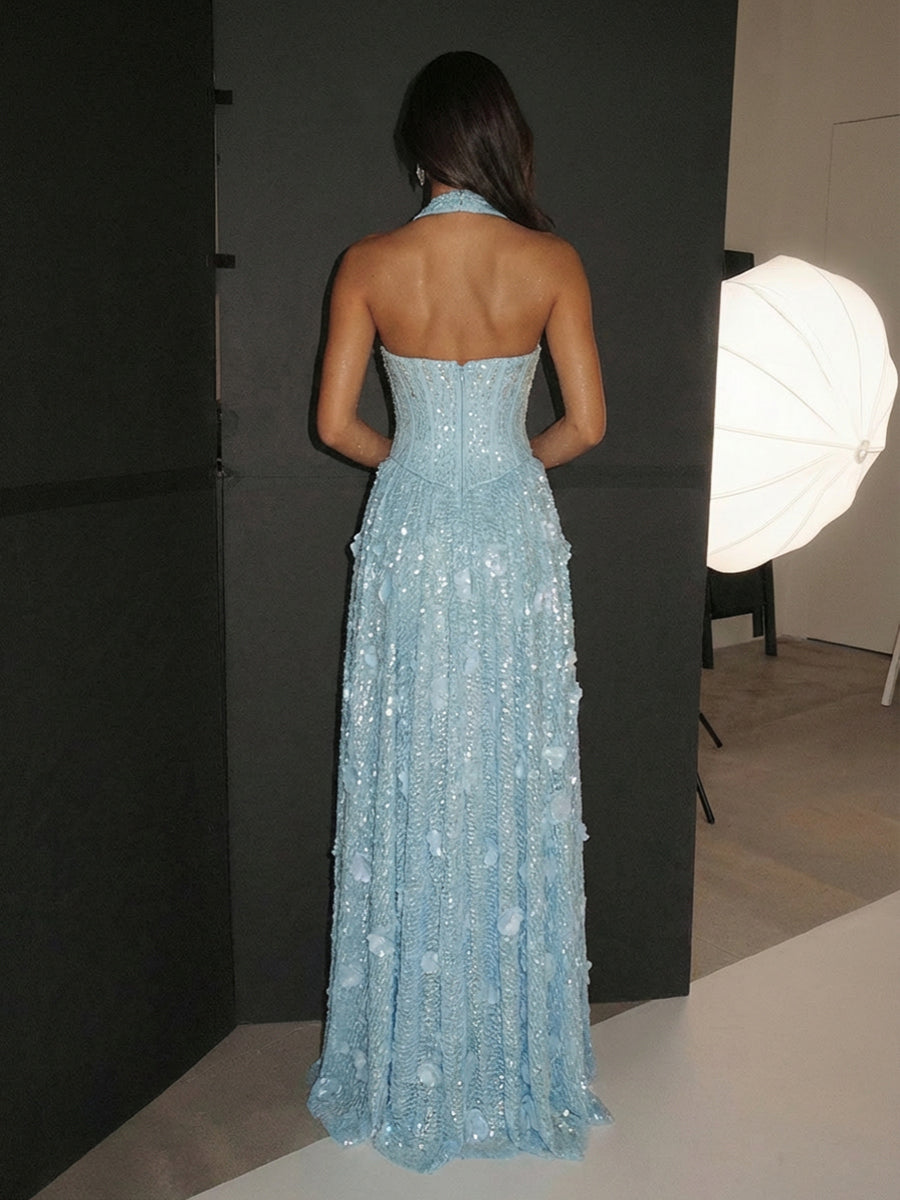 A Line Halter Corset Sequined Sparkling Evening Dresses with 3D Flowers
