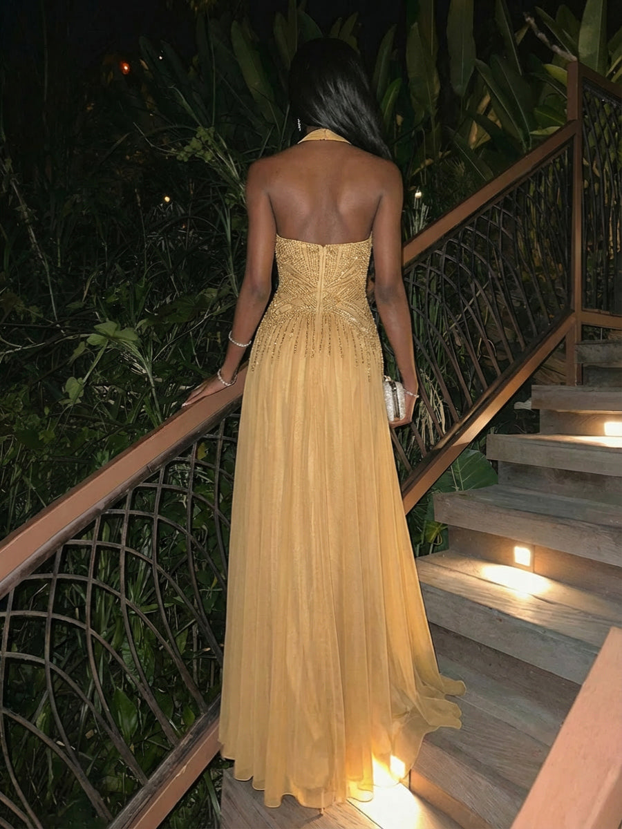 Halter A Line Sleeveless Pleated Evening Dresses with Sequins