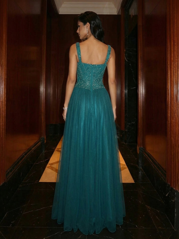A Line Square Neck Beaded Elegant Evening Dresses with Pleats