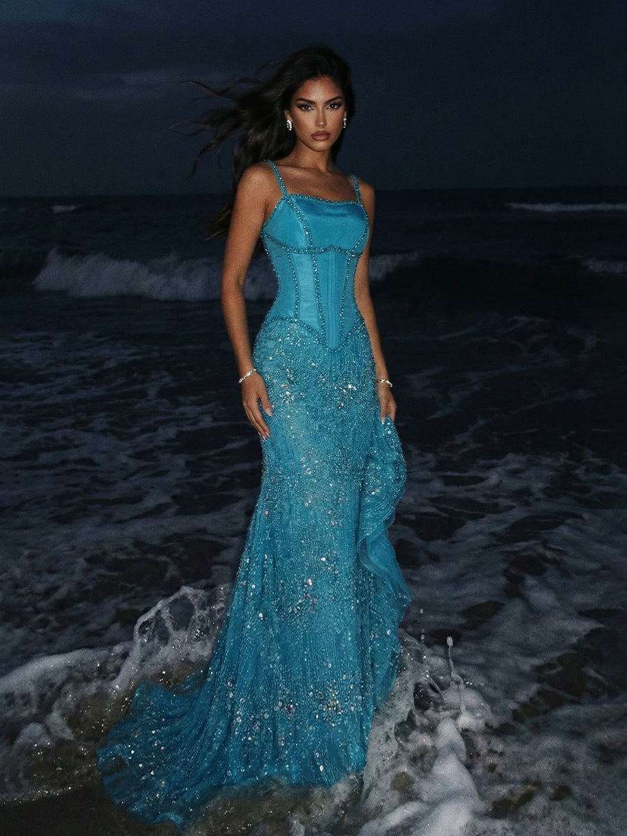 Spaghetti Straps Mermaid Sequin Evening Dresses