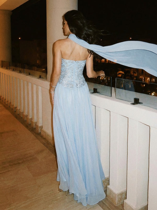 Strapless A Line Sequin Evening Dresses with Scarf