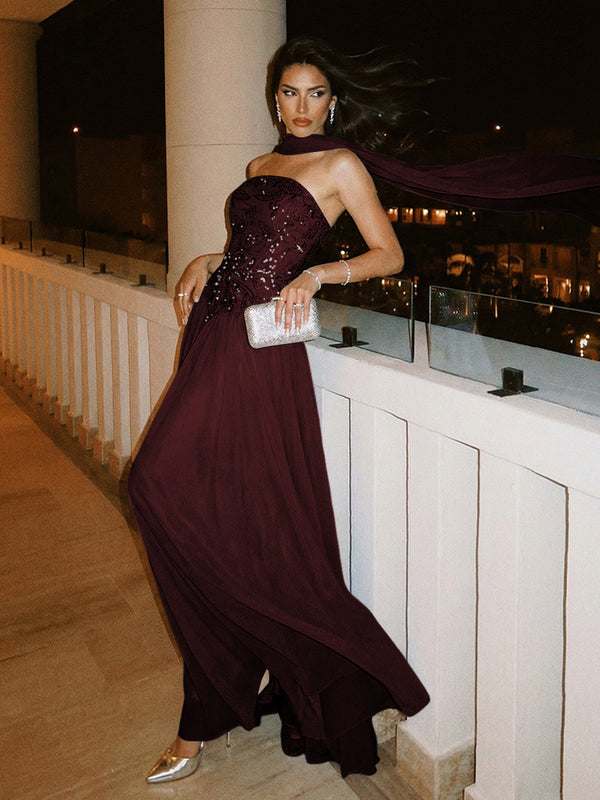 Strapless A Line Sequin Evening Dresses with Scarf