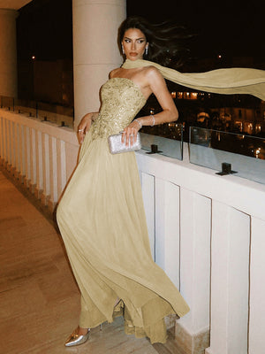 Strapless A Line Sequin Evening Dresses with Scarf