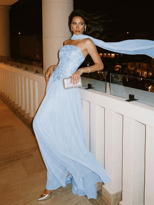Strapless A Line Sequin Evening Dresses with Scarf