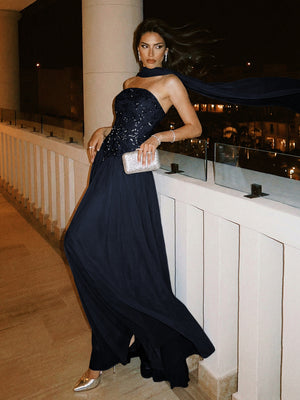 Strapless A Line Sequin Evening Dresses with Scarf