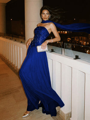 Strapless A Line Sequin Evening Dresses with Scarf