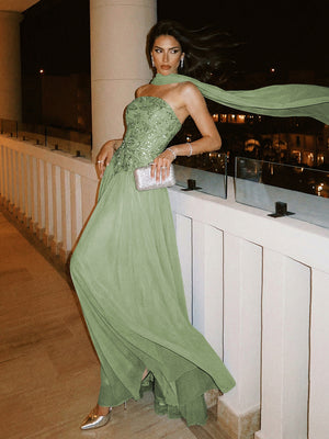Strapless A Line Sequin Evening Dresses with Scarf