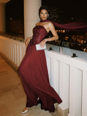 Strapless A Line Sequin Evening Dresses with Scarf