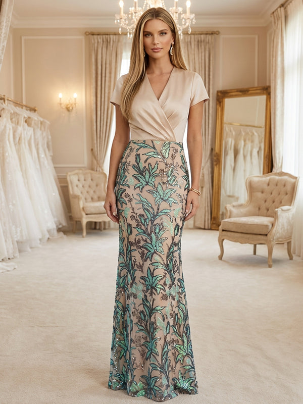 Sequin Embroidery Mermaid V Neck Floor Length Formal Dresses