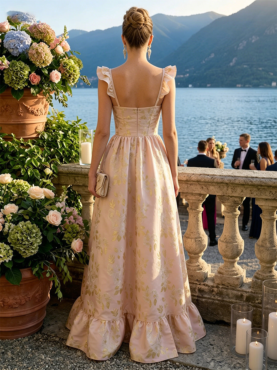 Jacquard Square Neck Ruffles Floor Length Formal Dresses with Slit