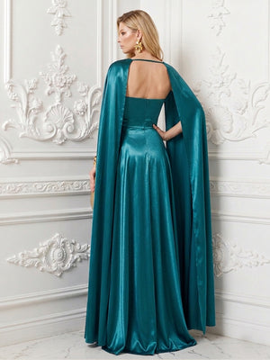 Satin A Line Square Neck Ruched Pleats Evening Dresses with Cape