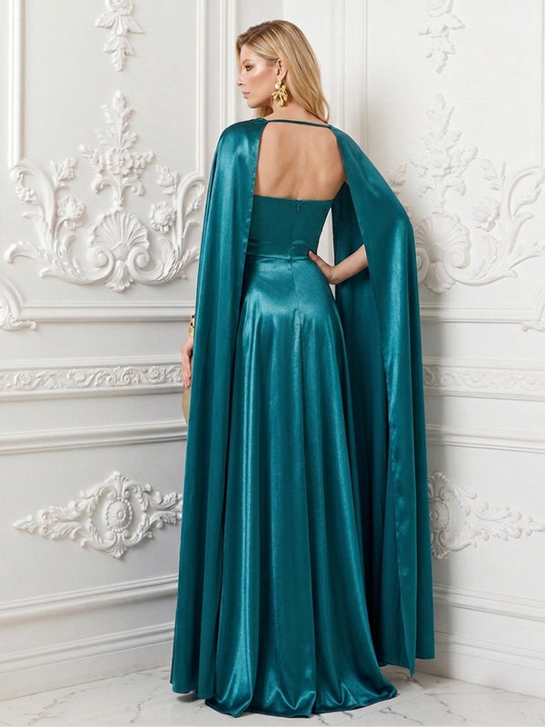 Satin A Line Square Neck Ruched Pleats Evening Dresses with Cape