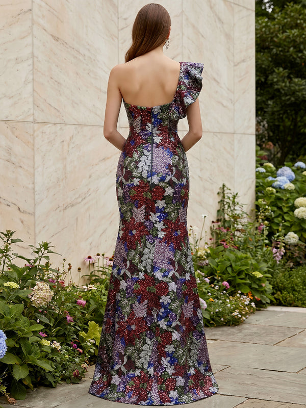 Sequin Floral Mermaid One Shoulder Ruffles Pleats Evening Dresses