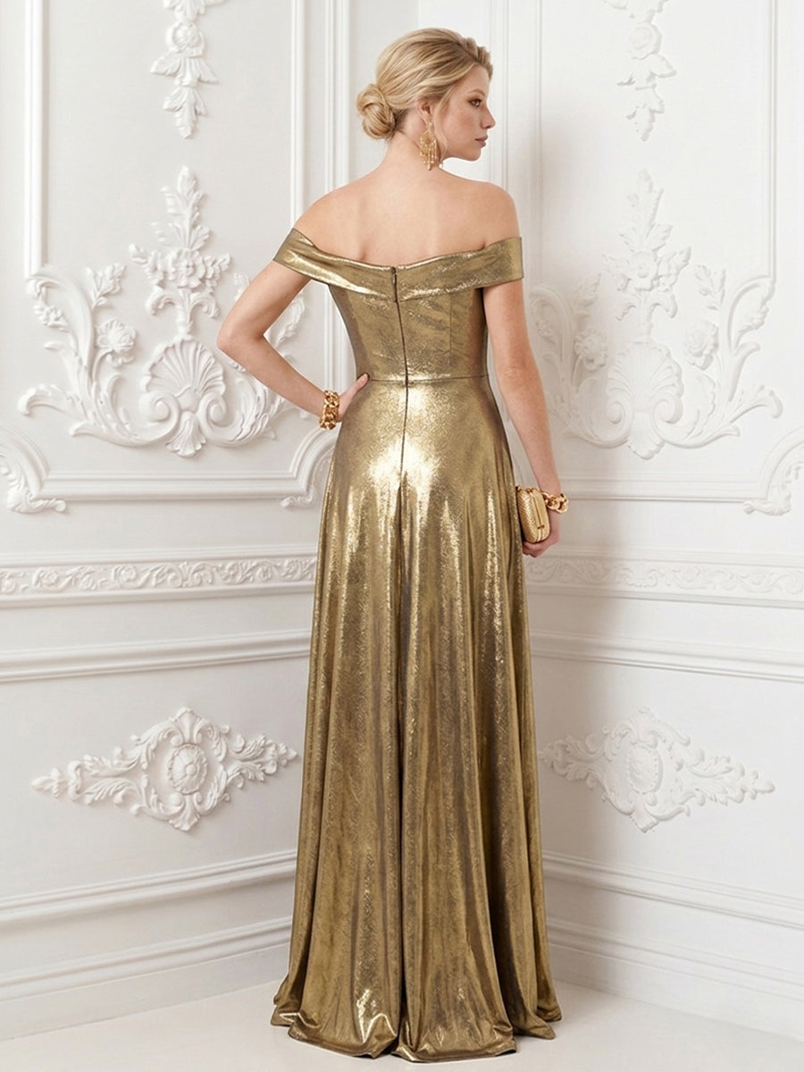 Metallic Satin A Line Off the Shoulder Pleats Corset Evening Dresses
