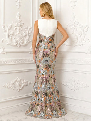 Sequin Floral Mermaid Scoop Neck Corset Ruched Evening Dresses