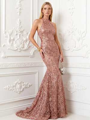 Sequin Floral Mermaid High Neck Ruched Corset Evening Dresses