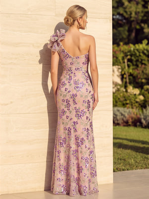 Sequin Floral Mermaid One Shoulder 3D Flowers Ruched Evening Dresses