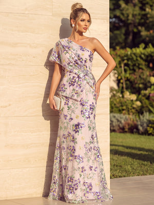 Sequin Floral Mermaid One Shoulder Ruched Pleats Evening Dresses