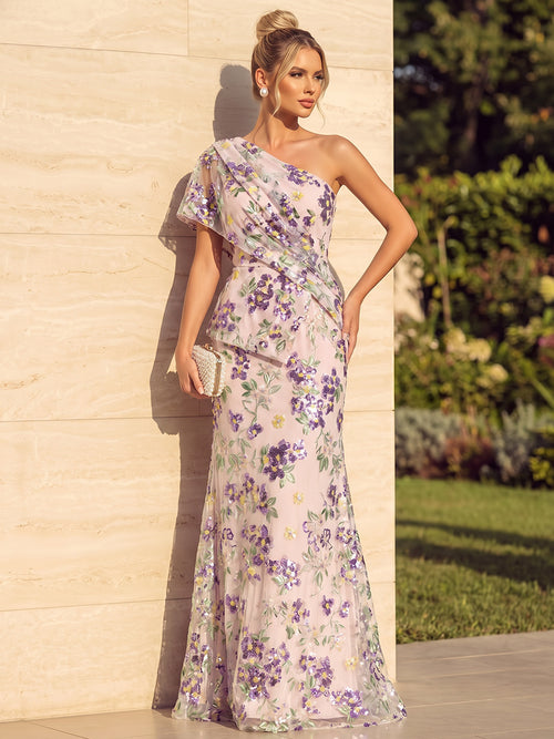 Sequin Floral Mermaid One Shoulder Ruched Pleats Evening Dresses