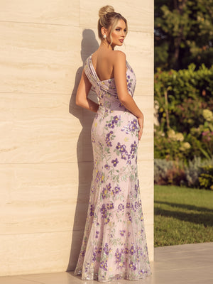 Sequin Floral Mermaid One Shoulder Ruched Pleats Evening Dresses