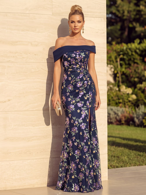 Sequin Floral Mermaid Off the Shoulder Ruched Front Slit Evening Dresses