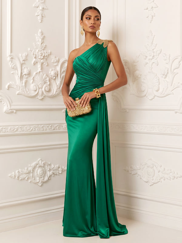 Satin Mermaid One Shoulder Pleats Ruffles Evening Dresses