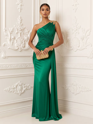 Satin Mermaid One Shoulder Pleats Ruffles Evening Dresses