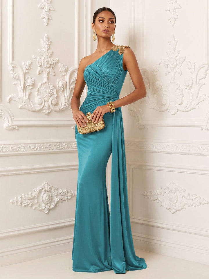 Satin Mermaid One Shoulder Pleats Ruffles Evening Dresses
