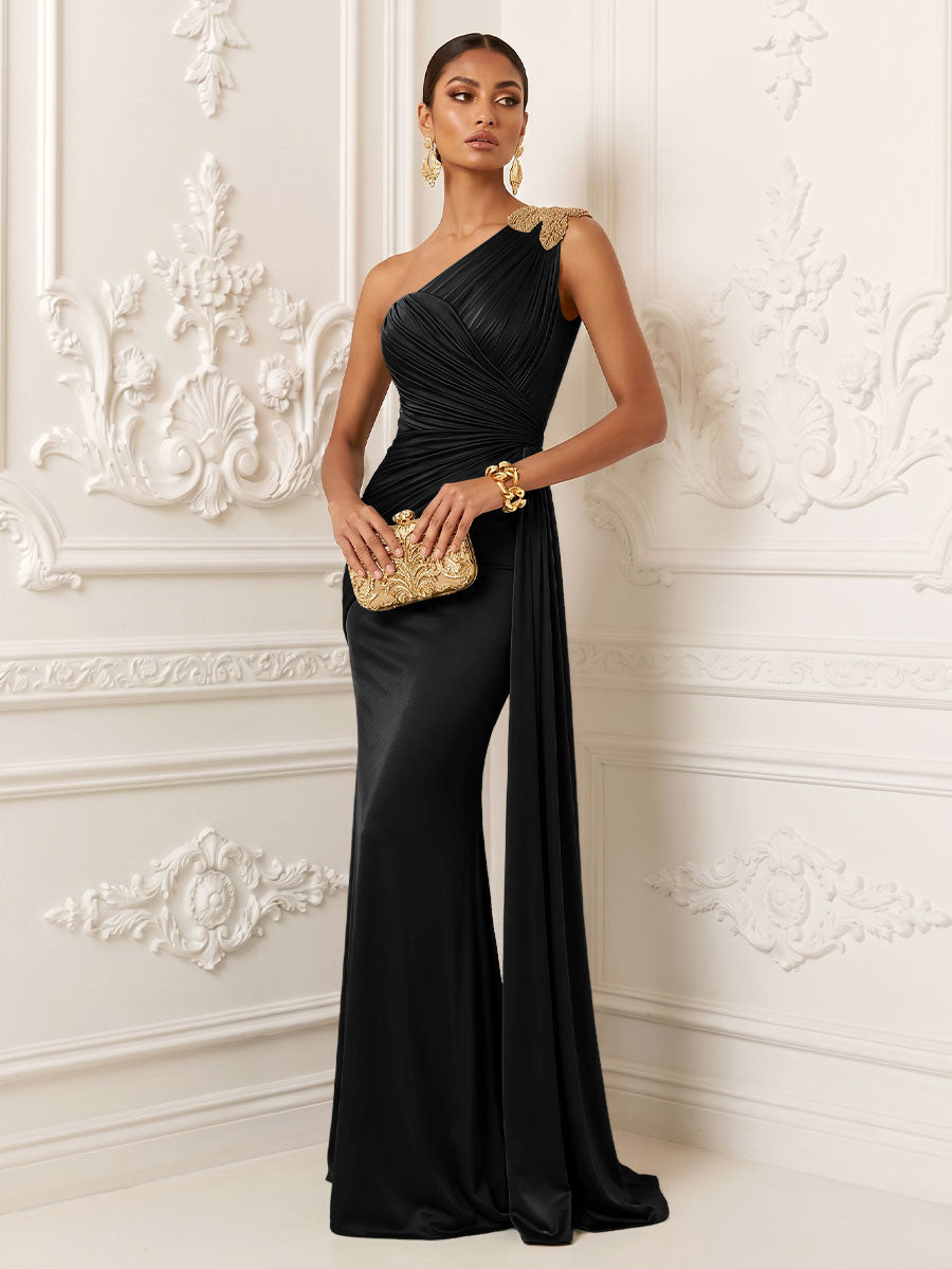 Satin Mermaid One Shoulder Pleats Ruffles Evening Dresses