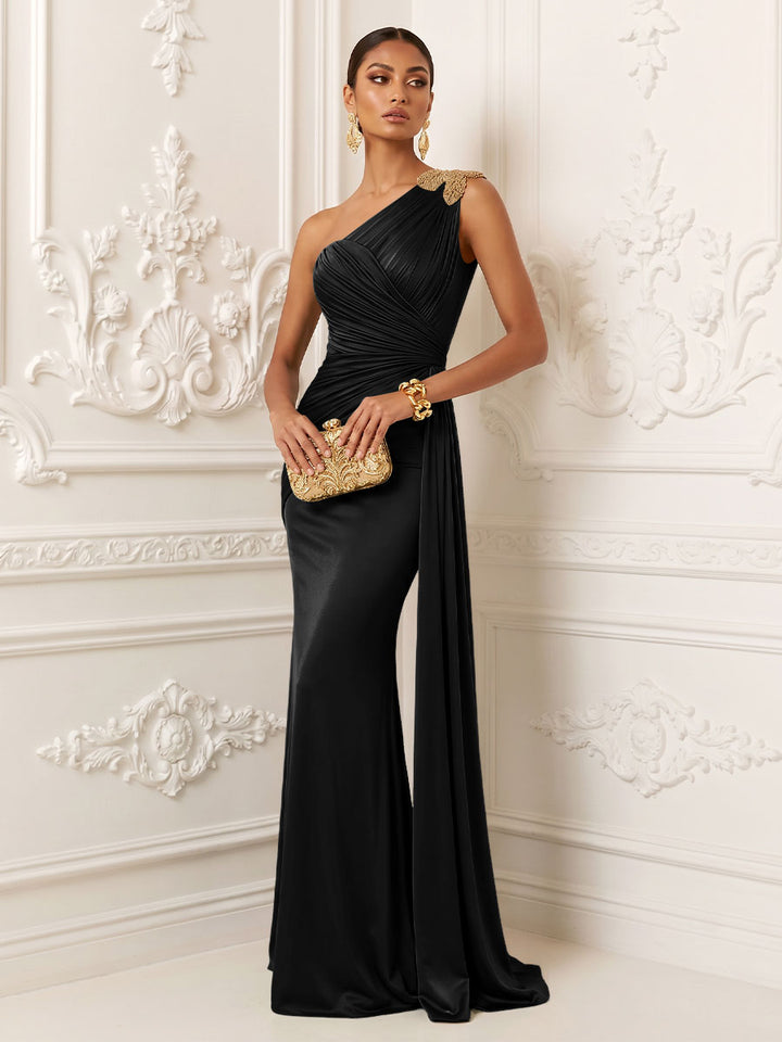 Satin Mermaid One Shoulder Pleats Ruffles Evening Dresses