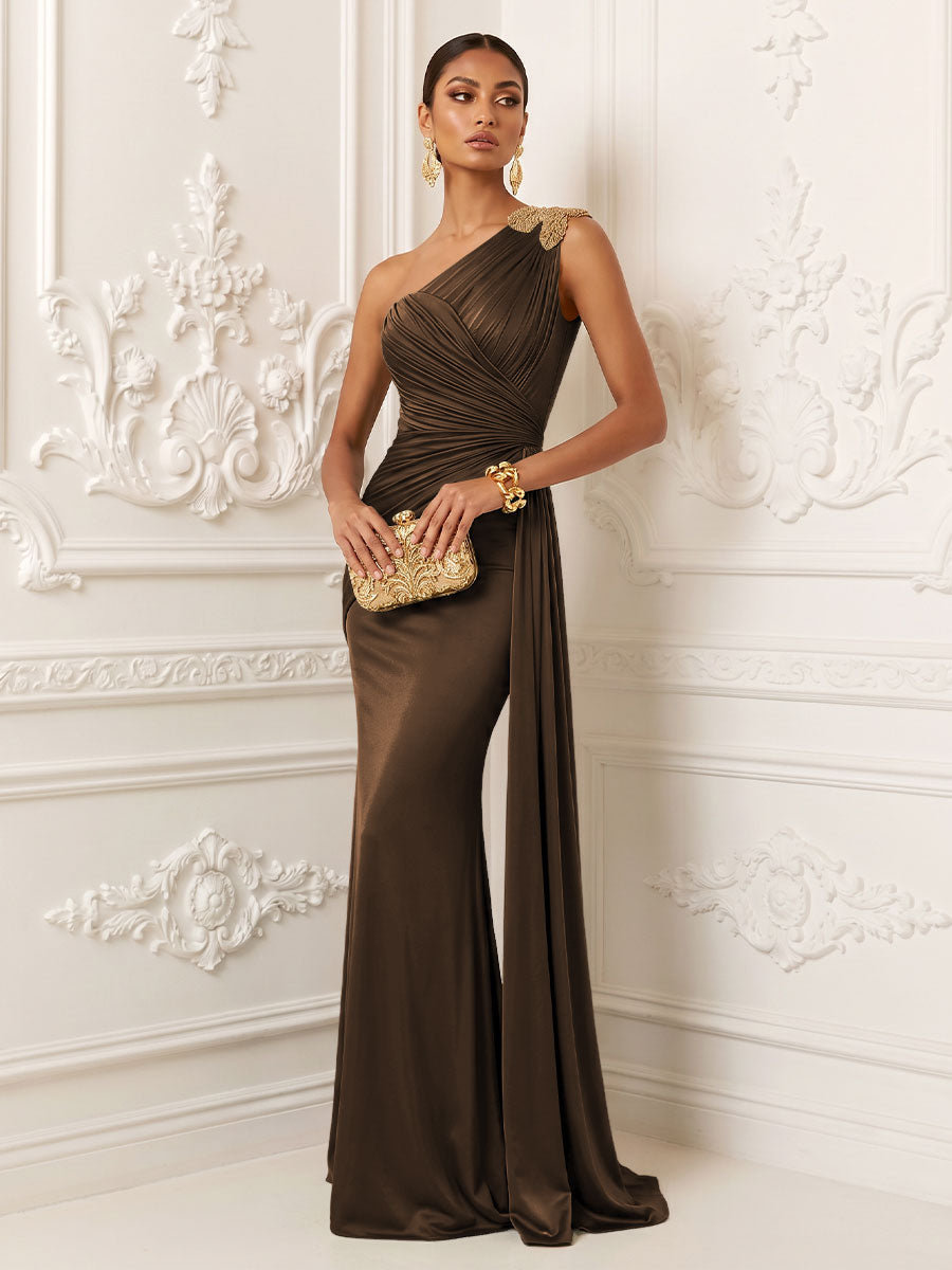 Satin Mermaid One Shoulder Pleats Ruffles Evening Dresses