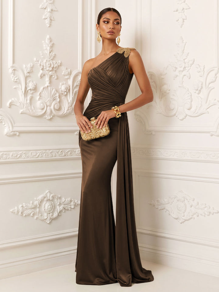 Satin Mermaid One Shoulder Pleats Ruffles Evening Dresses