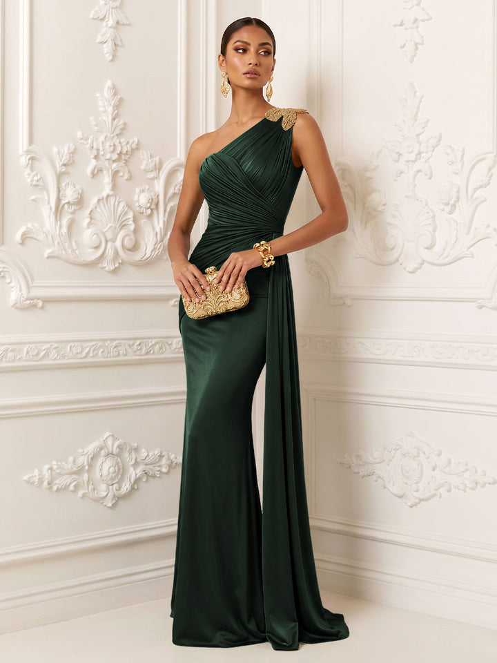 Satin Mermaid One Shoulder Pleats Ruffles Evening Dresses