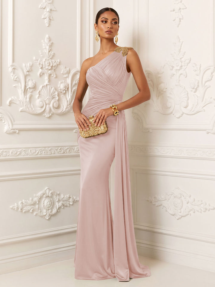 Satin Mermaid One Shoulder Pleats Ruffles Evening Dresses
