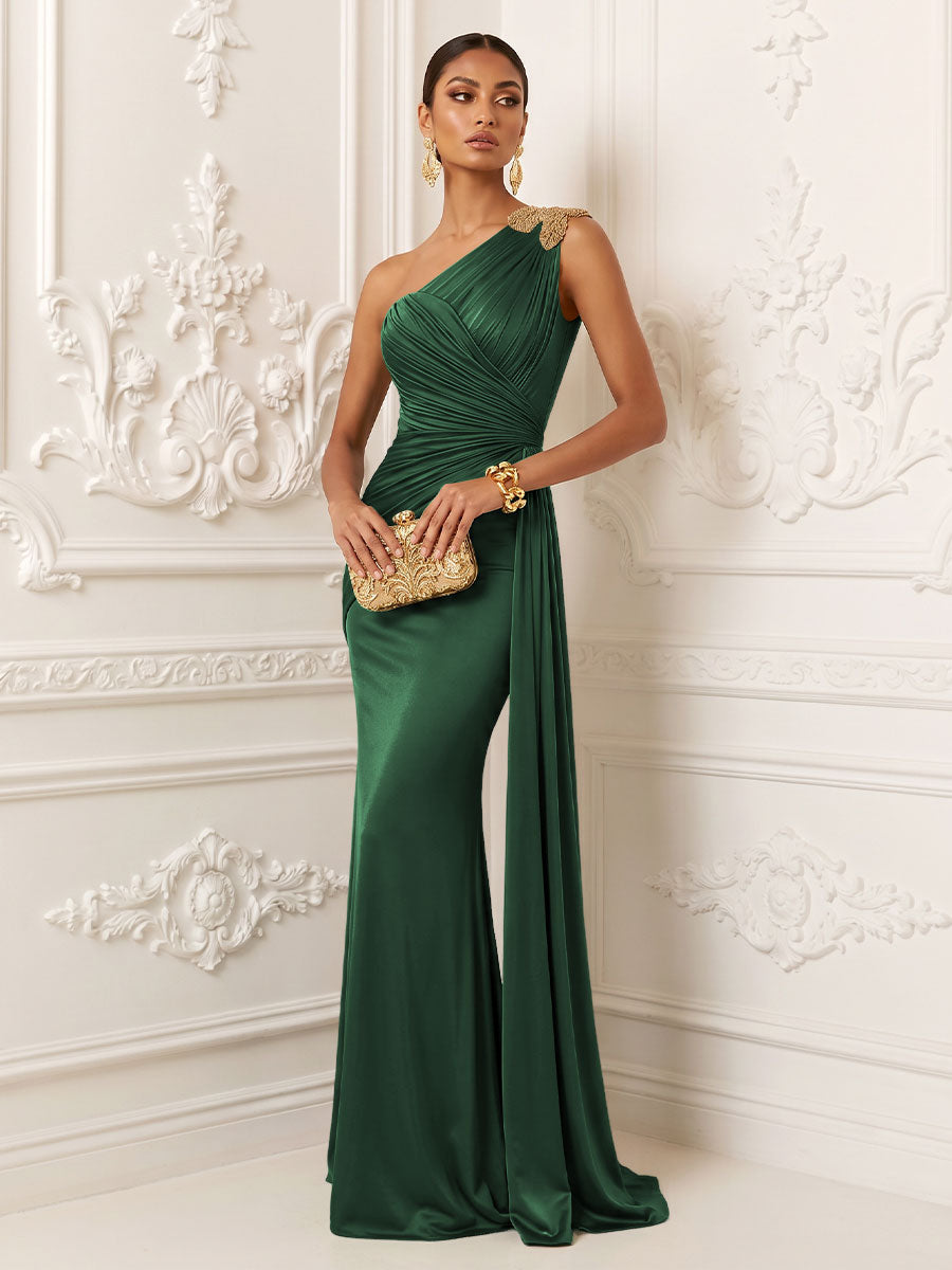 Satin Mermaid One Shoulder Pleats Ruffles Evening Dresses