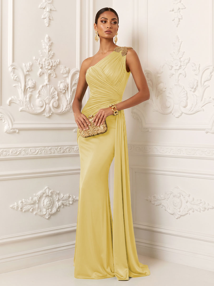 Satin Mermaid One Shoulder Pleats Ruffles Evening Dresses